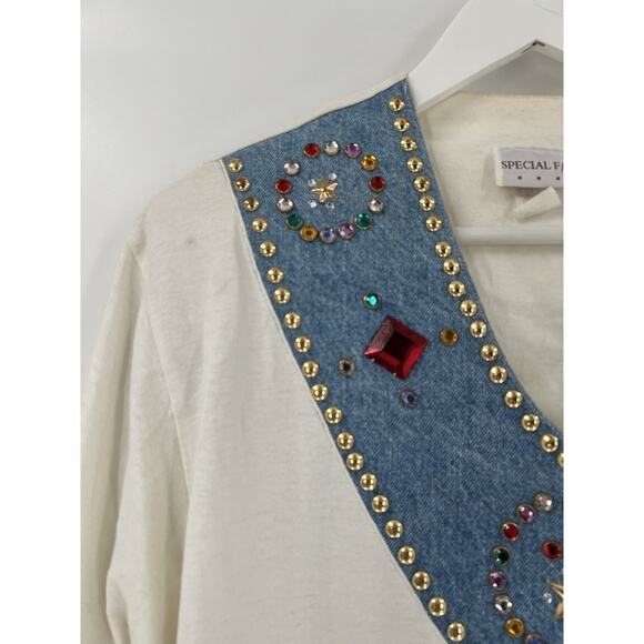 Special F/X Vintage Blouse Womens XL White Denim Beaded Neckline V Neck Studded - Picture 4 of 16